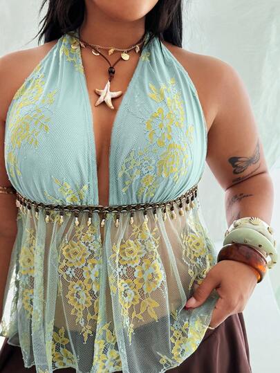 Rustia 大码女士性感蕾丝波西米亚风系带装饰休闲百搭度假衬衫