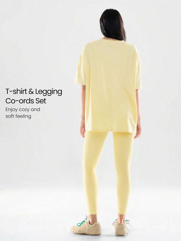 2 Pieces  Pima Cotton Hip Length Tee & 24'' FeatherFit™ Leggings Set With Side Pockets Low Impact Yoga Pilates Daily