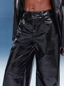 Normani 女士外出性感复古波西米亚风机车仿蜡皮低腰阔腿裤 - 黑色 - 查看 6