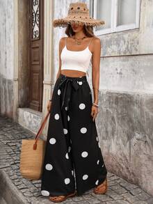 Pariaura Pantalones de pierna ancha con estilo francés y lunares con presillas para cinturón para mujer - Negro - Ver 2
