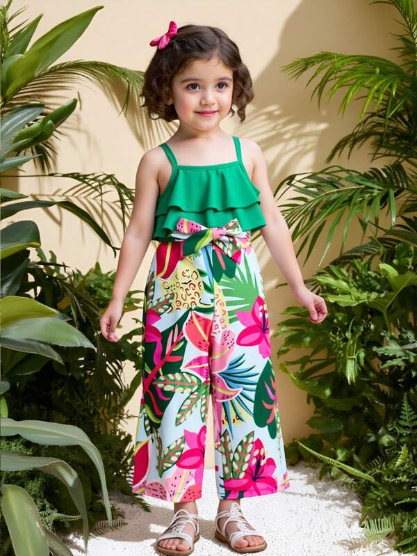 Young Girl's Casual Vacation Floral Print Patchwork Ruffle Hem Camisole Jumpsuit