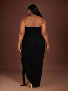 CurvyTilda 大码女式春夏豌豆绿、绿色褶饰荷叶边下摆高开衩连衣裙、优雅度假沙滩裙、沙滩派对连衣裙、夜间外出连衣裙、生日连衣裙、性感别致连衣裙、网眼连衣裙 - 黑色 - 查看 2