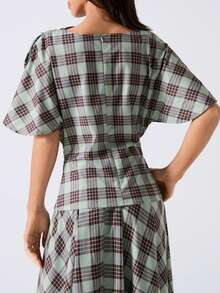 LYSMO Women's Casual Plaid Print Funnel Neck Batwing Sleeve Ruched Waist T-Shirt, Suitable For Daily Commute - Green - View 2