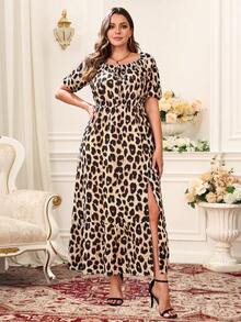 EMERY ROSE Chic Plus Size Leopard Print Midi Dress Off Shoulder Bishop Sleeve Slit Hem A Line Casual Style - Multicolor - View 9