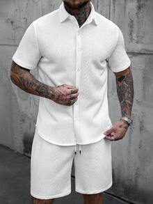 Manfinity Homme 男士几何纹理单排扣休闲/通勤短袖衬衫和抽绳腰短裤套装 - 白色 - 查看 7