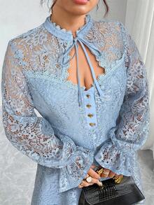 Elenzga 大码女士优雅蕾丝长袖休闲派对连衣裙 长袖蓝色连衣裙 蓝色蕾丝连衣裙 优雅蓝色连衣裙 浅蓝色 浅蓝色女士连衣裙 荷叶边袖连衣裙 浅蓝色蕾丝连衣裙 女士蓝色连衣裙 长袖蕾丝连衣裙 - 天藍色 - 查看 3