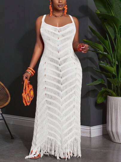 Slaydiva Plus Size Summer Sleeveless Hollow Out Sheer Maxi Bodycon Dress