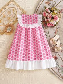 SHEIN Young Girl Woven Contrast Color Round Neck Ruffle Hem Casual Dress - Pink - View 2