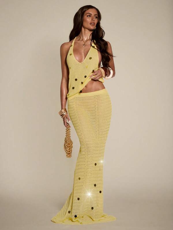 SHEIN BAE Women's Regular Beach Vacation Long Sweater & Skirt Set,New Arrivals In 2026,  Beach Vacation Style.Vacation Outfits Women ,Summer Holiday Outfits,Elegant Dress Women ,Holiday ,Vacation .This Yellow Sequined Knit Midi Skirt Is Perfect For Beach Vacations, Dates, Casual Wear, And Holidays. Elegant And Sexy Like A Mermaid, It's The Ideal Choice For Beach Holidays, Seaside Trips, And Beach Dates.