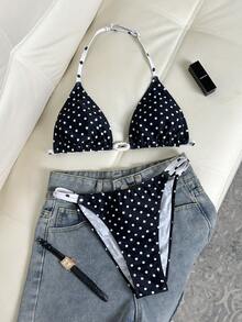 Bộ bikini hai mảnh dây mảnh in chấm bi dành cho thiếu nữ, kiểu dáng thường ngày, màu đen trắng, họa tiết chấm bi, thích hợp cho kỳ nghỉ, đi biển, mùa xuân/hè. - Đen và trắng - Xem 3