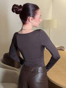 Abrilcols 女士长袖紧身衣，棕色，修身剪裁，简约百搭，通勤适用 - 咖啡棕 - 查看 2