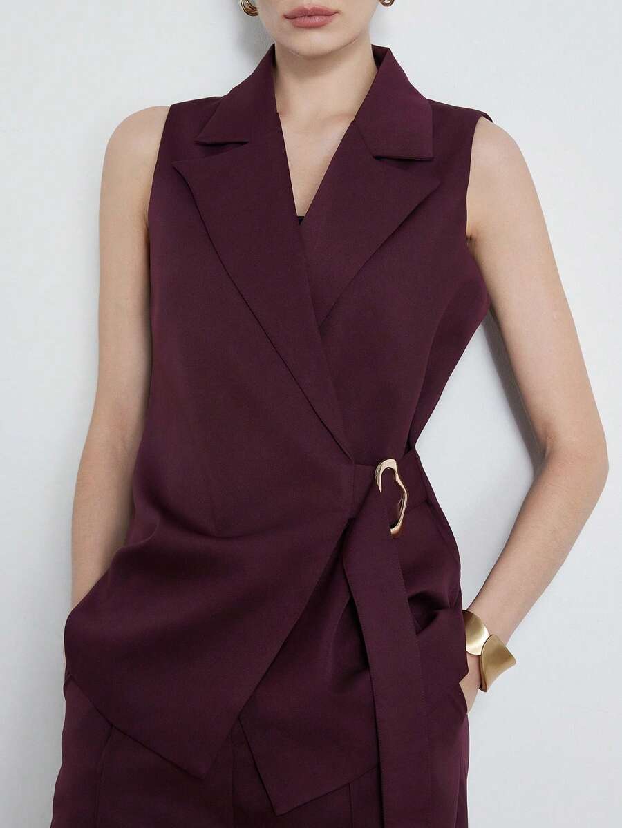 Aveloria Modichic 新款时尚优雅女士西装领系带不对称搭扣宽松西装外套及直筒裤套装 - 中紫紅色 - 查看 1