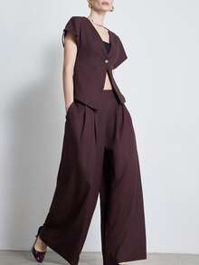Aveloria Modichic Women's Solid Color Metal Single Button Short Sleeve Top And Wide Leg Pants Casual 2 Pieces Set - Chocolate Brown - View 4