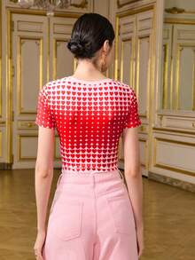 LOTSLUV 女士粉色和红色渐变爱心印花圆领短袖针织修身连体衣，情人节 - 粉色 - 查看 2