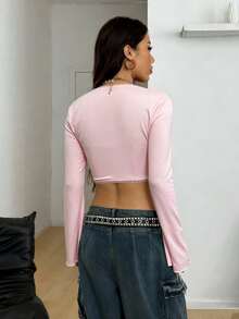 valorelle valorelle 女士性感时尚街头风卡通人物爱心印花蕾丝边喇叭袖系带露脐上衣 - 粉色 - 查看 2