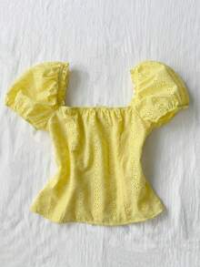 Flirla Women's Yellow Hollow Embroidered Square Collar Puff Sleeve Cinched Waist Button-Up Shirt,Sweet Boho Casual Summer Holiday Picnic Beach Short Top - Yellow - View 2