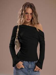 SHEIN BAE Women's Solid Color Ruched Asymmetric Long Sleeve Fitted Blouse - Black - View 7