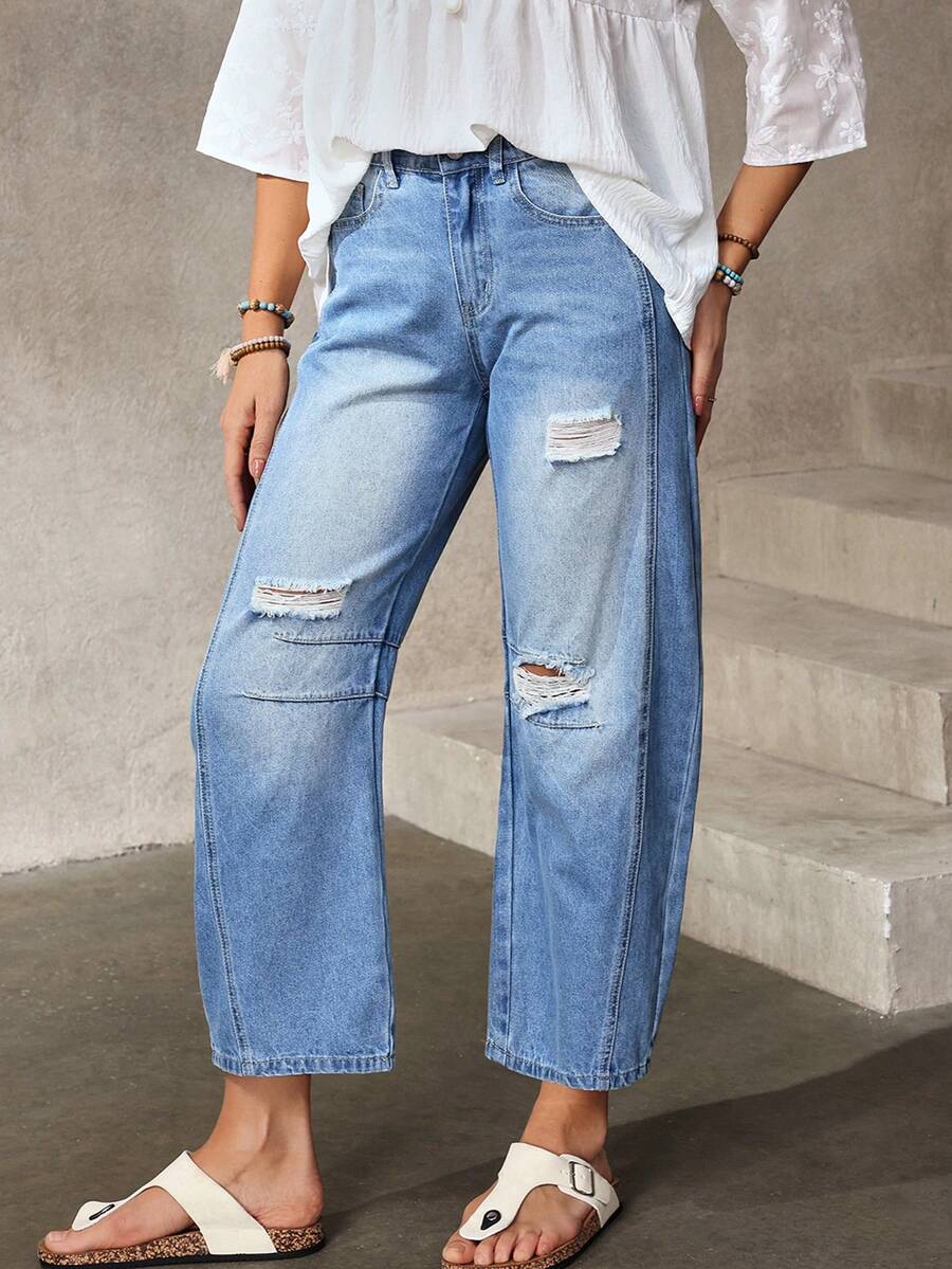 EMERY ROSE 女士休闲破洞口袋牛仔裤 - 藍色 - 查看 1