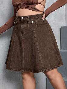 SHEIN ICON Chân váy denim ngắn đơn giản, cỡ lớn, thích hợp mặc hàng ngày. - Cà phê nâu - Xem 5