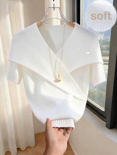 Franclia Women's Solid Color V-Neck Collared Short-Sleeved Fitted Knit T-Shirt, Suitable For Everyday Wear, Summer, Summer Outfits, Summer Clothing, Summer Holiday Outfits, Summer Tops, Women's Elegant Tops, Women's Casual Tops, White Tops, White Shirts, White Women's Blouses.Graduation Season Attire, Fashionable Casual Commuter Wear, Business Office Wear, Versatile And Stylish Everyday Casual Wear, Urban Teacher's Professional Attire