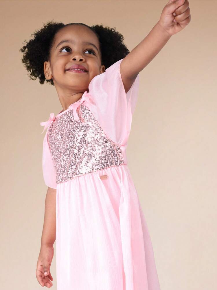 Sequin Bodice Puff Sleeve Dress With Ruffles