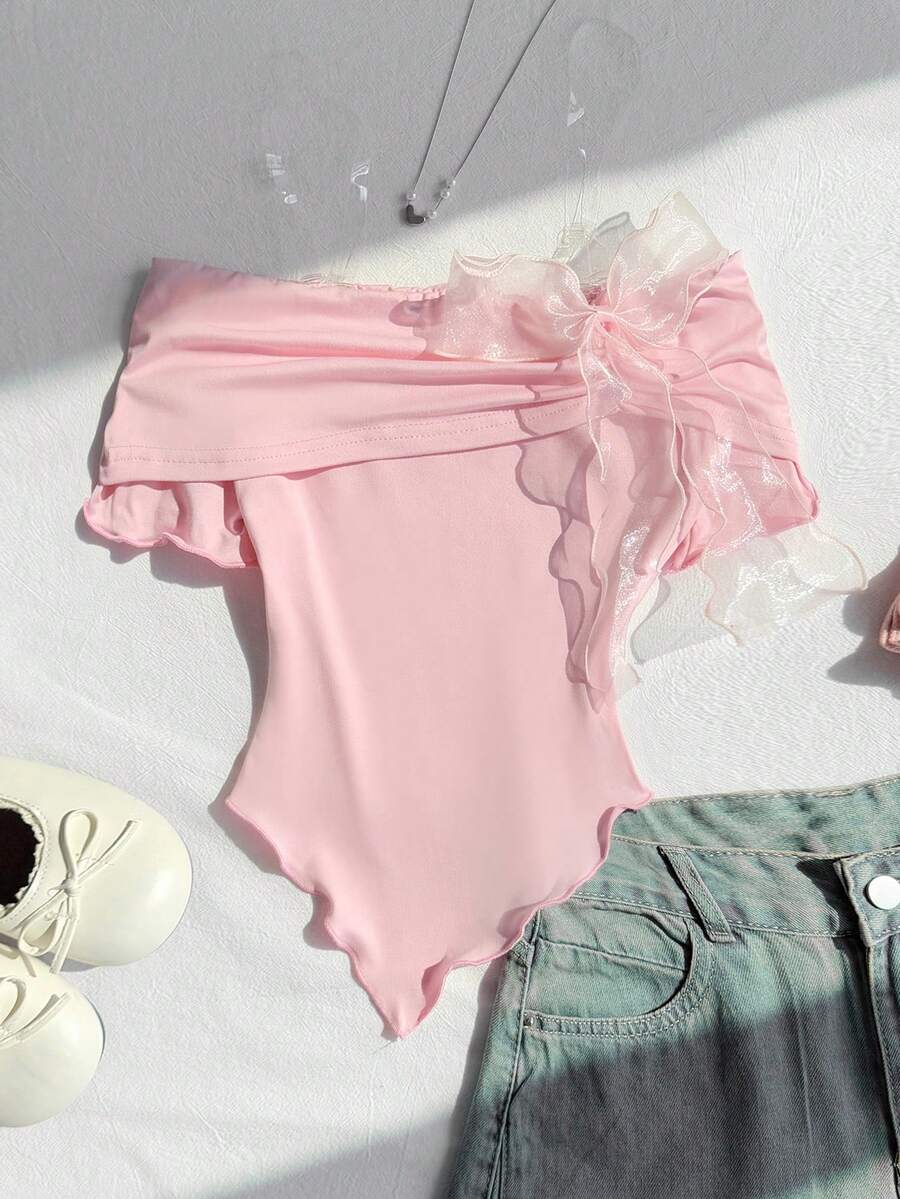 Tween Girl Off-Shoulder Bowknot Short Sleeve T-Shirt Top, Back-To-School, Cute Top School, Preppy Top/Valentine Day Kids/ Valentine Day/ Summer - Pink - View 1