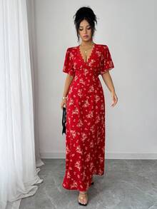 Selianne Damen V-Ausschnitt Puffärmel tailliertes A-Linien Kleid mit Blume Muster, ideal für Reisen, Strand, Sommer, verschiedene Farben - Rot - Übersicht 7