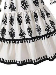 SHEIN Tween Girl Off-White Ditsy Floral V-Neck Long-Sleeved Dress,Elegant Jalabiya Prayer Robe - Red and White - View 8