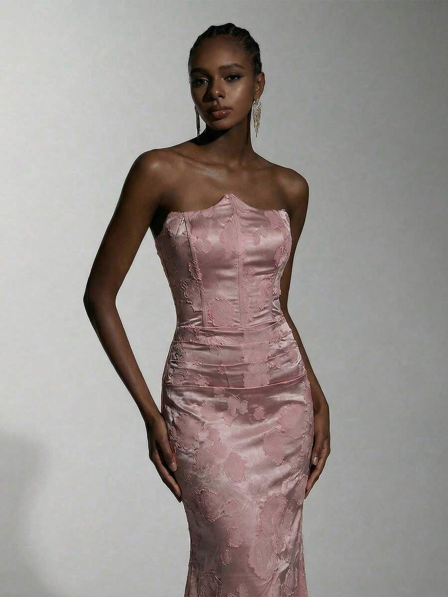 Elitara Đầm dự tiệc màu cà phê xẻ tà satin không dây, viền đuôi cá thanh lịch, lãng mạn, thời trang, thích hợp cho tiệc tùng, khách dự tiệc cưới, đầm cocktail màu hồng, tiệc đơn, dạ hội, dạ hội