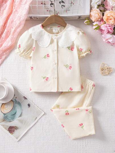 SHEIN 女宝宝可爱休闲夏季度假百搭杏色碎花图案彼得潘领上衣和裤子家居服套装