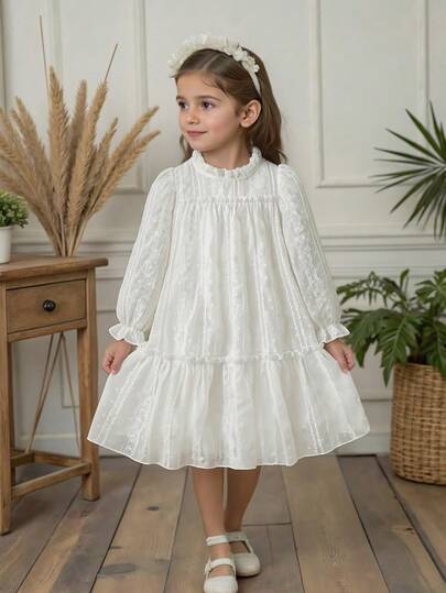 SHEIN Vintaside Kids Girls' Elegant Princess Ruffled Collar Puff Sleeve Jacquard Embroidered Double-Layer Ruffled Hem Loose Princess Dress, Suitable For Vacation, Travel, Party, Gift, Spring/Autumn
