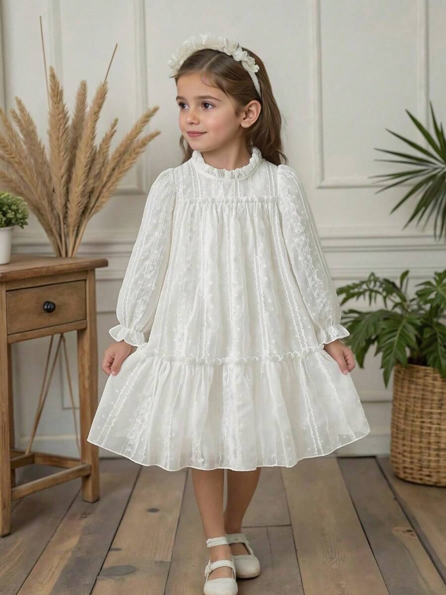 SHEIN Vintaside Kids Girls' Elegant Princess Ruffled Collar Puff Sleeve Jacquard Embroidered Double-Layer Ruffled Hem Loose Princess Dress, Suitable For Vacation, Travel, Party, Gift, Spring/Autumn Girls White Dress Young Girl Elegant Dress - White - View 1