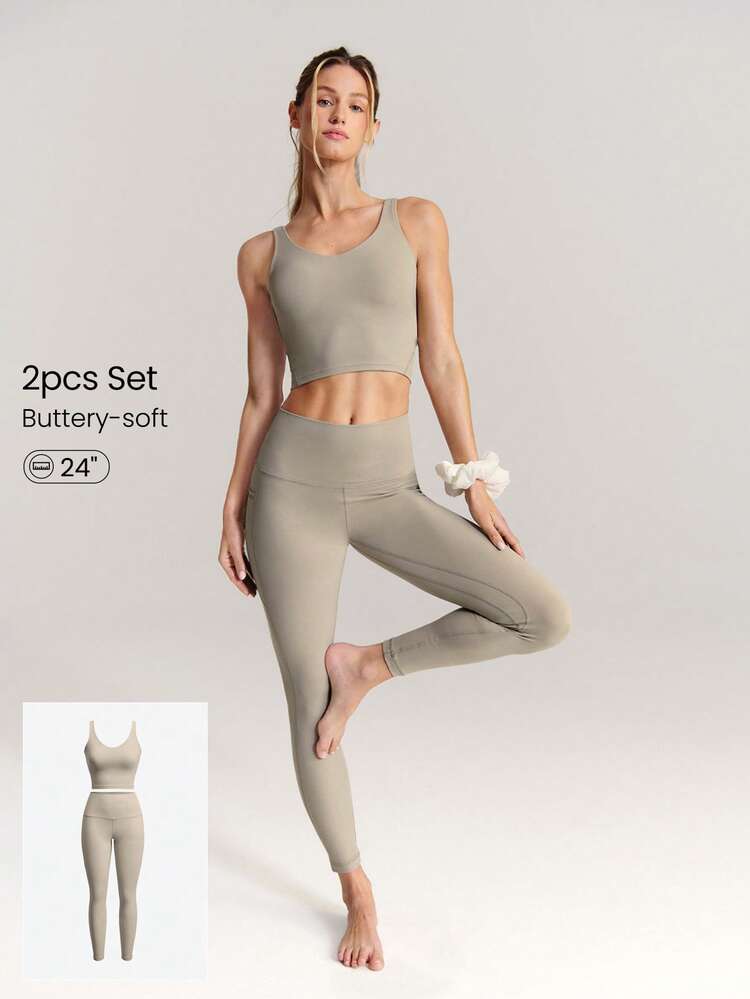 2 Pieces FeatherFit™ Cropped Active Tank & High-Rise Leggings Set