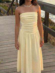SHEIN Tween Girls Dresses - Strapless Pale Yellow Summer Casual Apricot Long Dress Maxi Dress Summer Yellow Dress Strapless Dress Wedding Guest Dress Ruched Dress Bridesmaid Dress Lemon Dress - Yellow - View 1