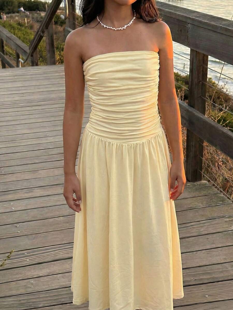 SHEIN Tween Girls Dresses - Strapless Pale Yellow Summer Casual Apricot Long Dress Maxi Dress Summer Yellow Dress Strapless Dress Wedding Guest Dress Ruched Dress Bridesmaid Dress Lemon Dress - Yellow - View 1