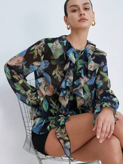 Aveloria Modichic Asymmetrical Floral & Leaf Print Textured Chiffon Pleated Multi-Layer Ruffle Trim Long Sleeve Blouse