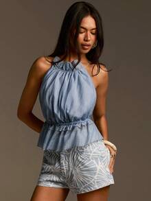 Athîral 女士休闲沙滩度假蓝色抽绳荷叶边露背交叉吊带露背上衣，蓝色上衣，夏季上衣，假日上衣，春季女装，女士沙滩度假装 - 淺藍色 - 查看 5