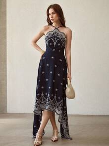 MOTF PREMIUM WOMEN'S NAVY BLUE EMBROIDERED ASYMMETRICAL HEM MIDI DRESS WITH HALTER NECK - Navy Blue - View 5