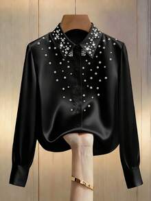 Franclia Blusa holgada de manga larga con cuello adornado con perlas, de estilo elegante para el día a día para mujeres - Negro - Ver 3