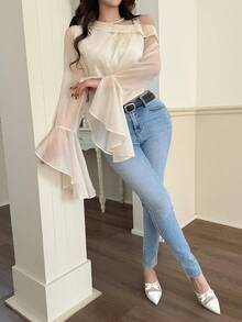 Feyla Women's Solid Color Mesh Patchwork Asymmetric Collar Elegant Long Sleeve Blouse - Apricot - View 5