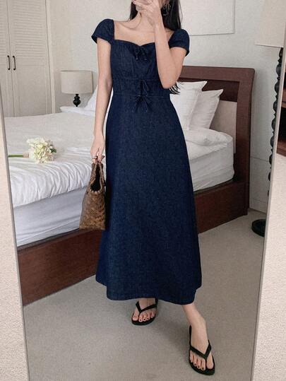 DAZY Women's Summer Square Neck Short Sleeve Bow Decor Washed Plaid Jacquard Fabric Casual Long Denim Dress
