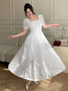 DAZY 女士夏季方领短袖纹理面料优雅中长款度假连衣裙 - 白色 - 查看 1