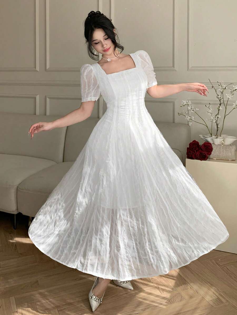 DAZY 女士夏季方领短袖纹理面料优雅中长款度假连衣裙 - 白色 - 查看 1