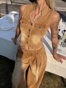 DAZY 女士V领无袖背心和宽松直筒牛仔裤两件套休闲街头风套装 - 棕色 - 查看 2