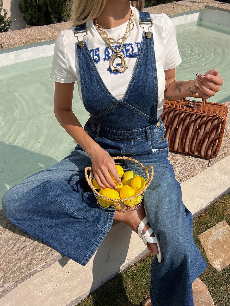 DAZY Women's V-Neck Urban Casual Denim Bib Pants And Jumpsuit - Medium Wash - View 1