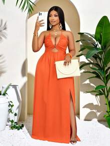 SOLERSUN 女士加大码春夏纯色优雅假日交叉系带露背吊带摆裙长款女装 - 橘色 - 查看 3