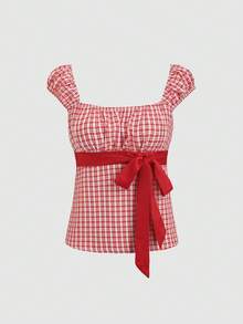 SHEIN Sweetro Áo kiểu nữ cổ vuông, xếp ly, dáng chữ A, màu đỏ kẻ caro, thắt nơ, hai mặt, thích hợp cho mùa xuân/hè/thu, phong cách lãng mạn, dễ thương, retro Y2K, thường ngày đi nghỉ mát, hẹn hò, đi học, dạo phố, lễ hội âm nhạc. - Đỏ và trắng - Xem 1