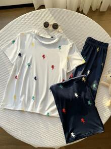Tween Girls' Summer 2 Pieces Set: White Short-Sleeve T-Shirt And Navy Blue Wide-Leg Pants Set. - Blue and White - View 7