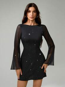 SHEIN Tall Elegant Bowknot Backless Glam Mini Dress, Bodycon Fit, Suitable For Parties - Black - View 3