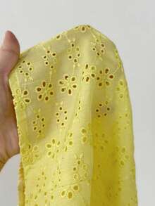 Flirla Women's Yellow Hollow Embroidered Square Collar Puff Sleeve Cinched Waist Button-Up Shirt,Sweet Boho Casual Summer Holiday Picnic Beach Short Top - Yellow - View 7
